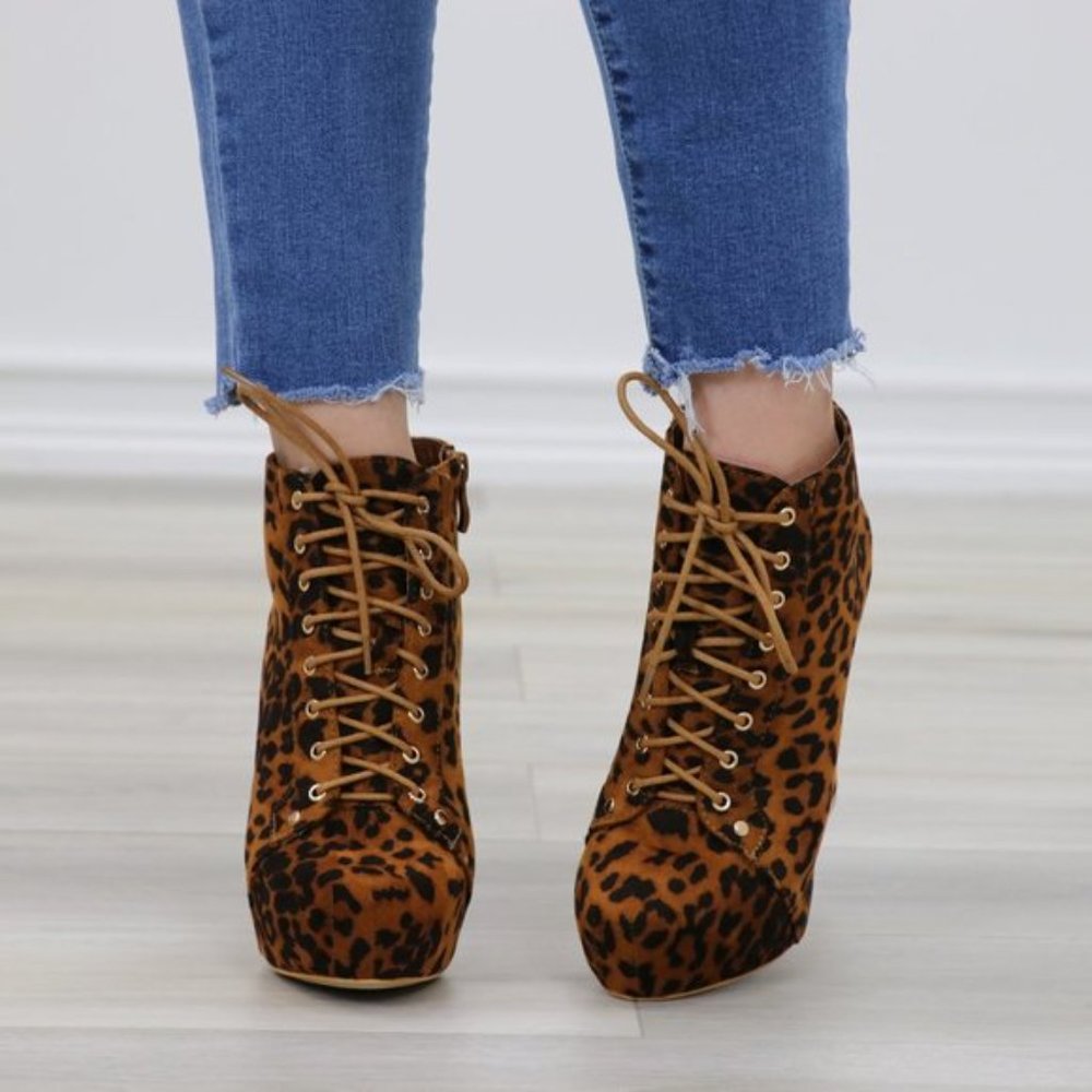 Leopard Print Suede Heeled Ankle Booties - Picture 4 of 10